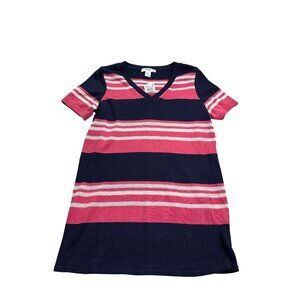 Motherhood Maternity Top M V-Neck Striped Navy Pink White Knit Short Sleeve New